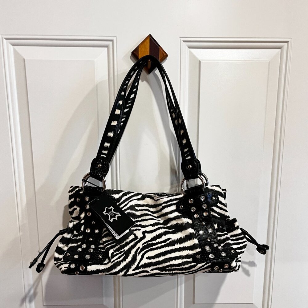 M.C. Marc Chantal Zebra Black/White Genuine Leather Shoulder Handbag Purse NWT